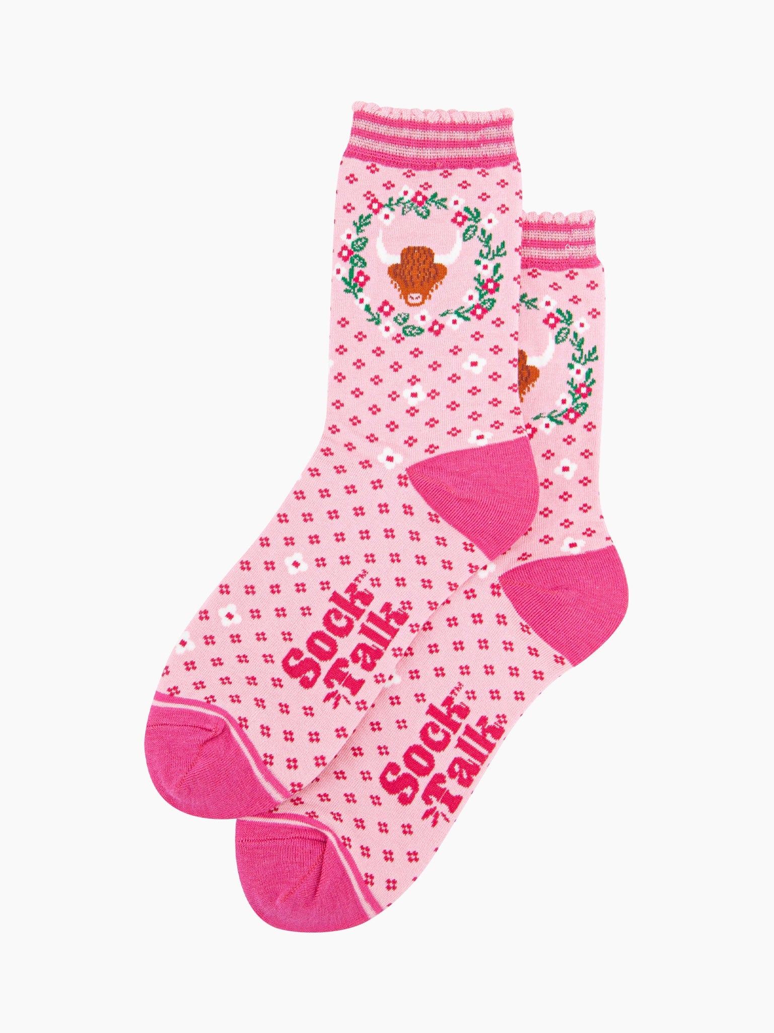 womens-bamboo-socks-pink-highland-cow-wreath-laying-flat-floral-pattern