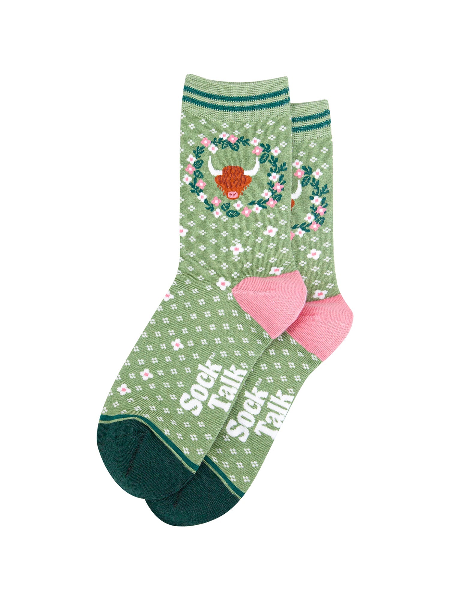 Highland-Cow-Floral-Wreath-Bamboo-Socks-in-Green-laid-flat