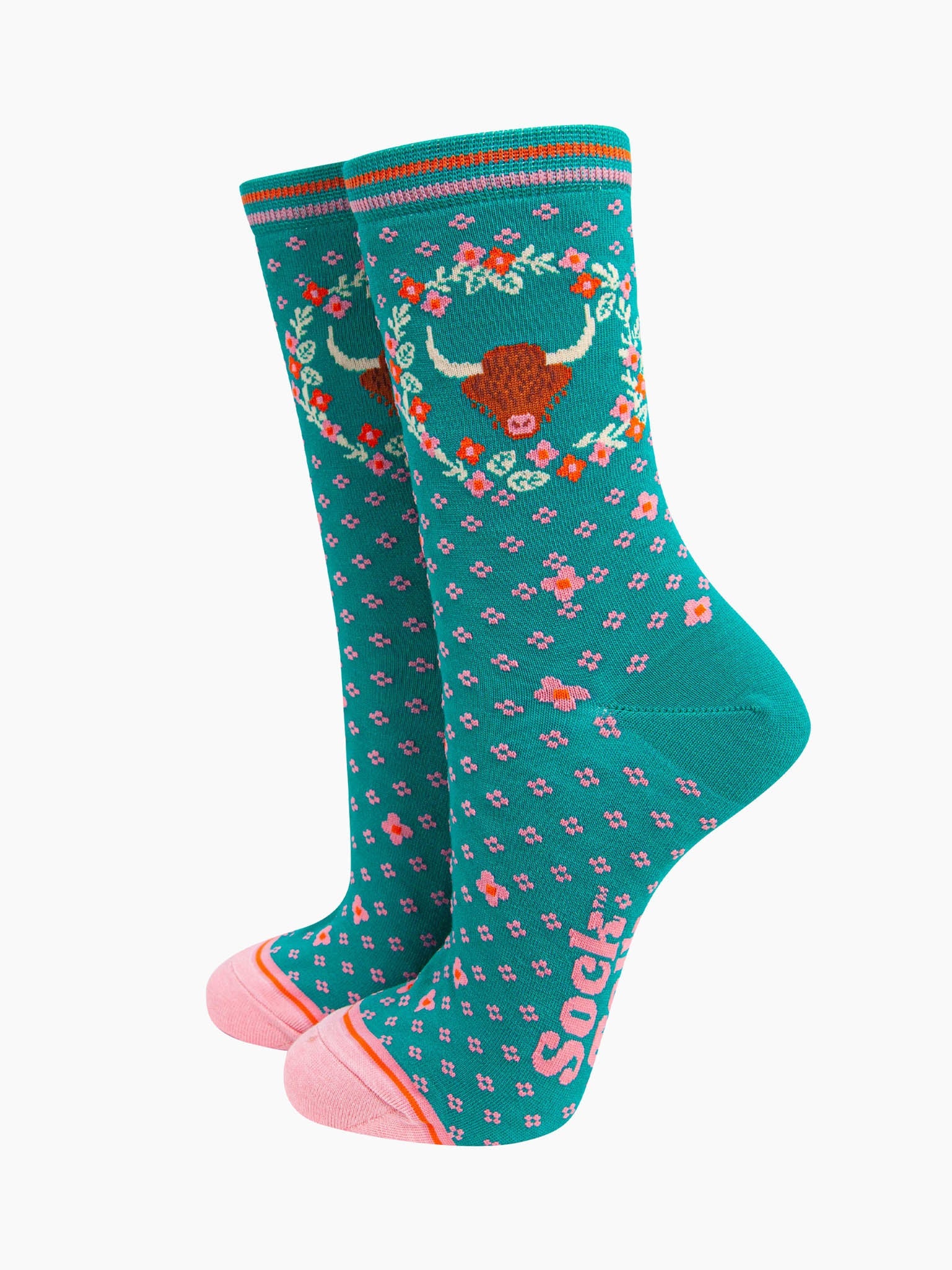 womens-bamboo-socks-teal-highland-cow-floral-wreath-flower-pattern-cow-motif-on-ankle