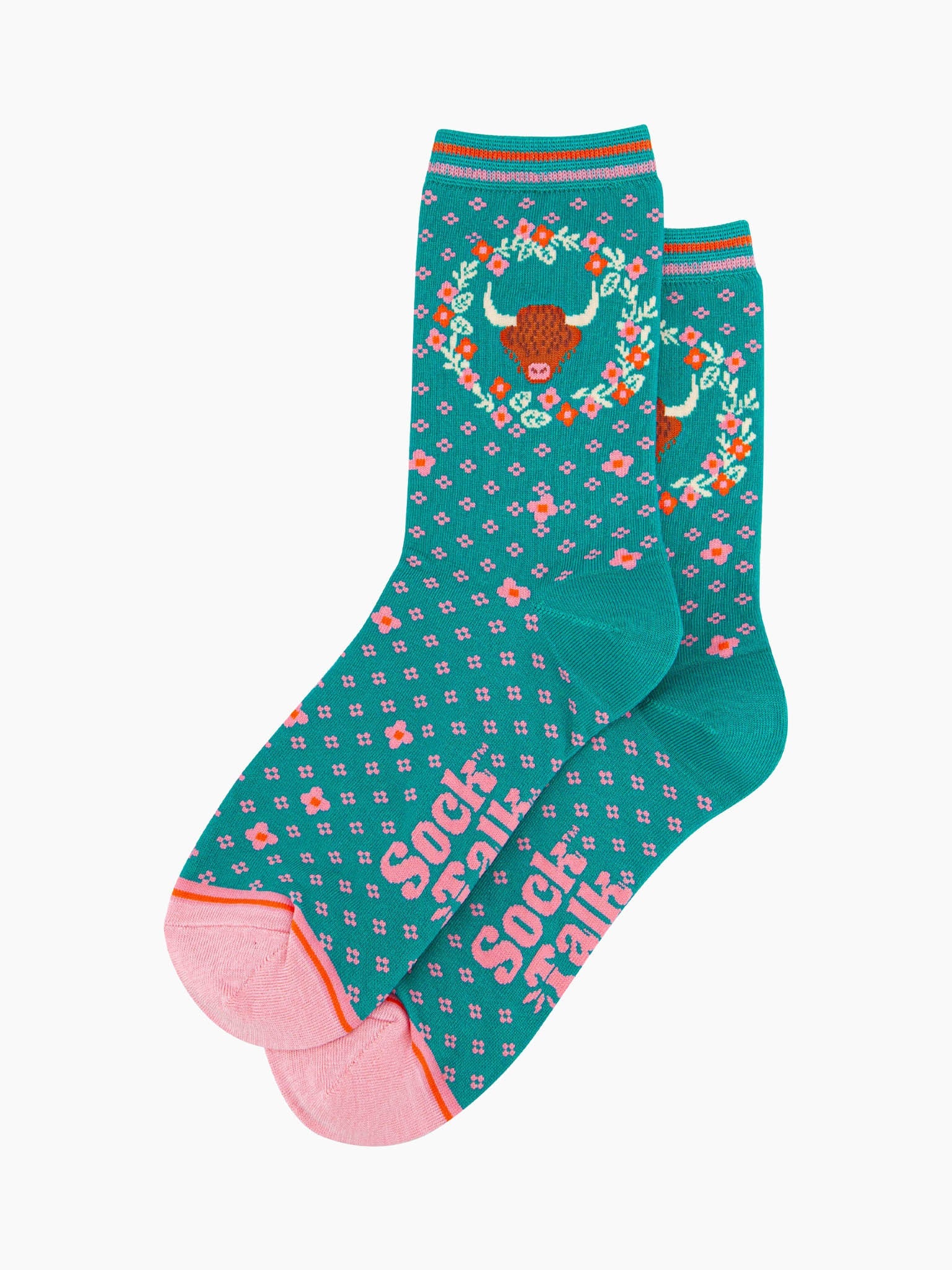 womens-bamboo-socks-teal-highland-cow-floral-wreath-laying-flat-summery-flower-pattern-scottish-coo