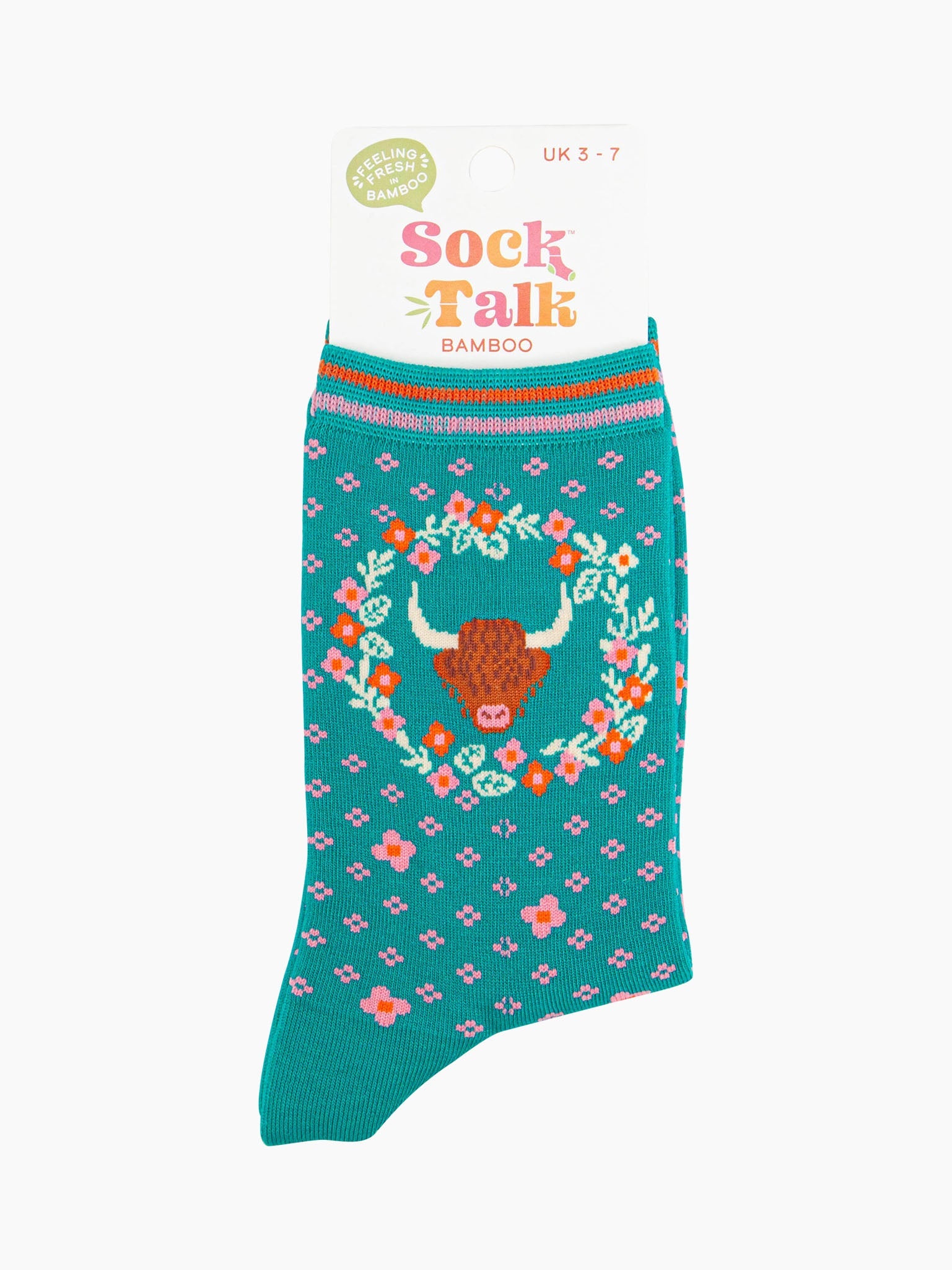 womens-bamboo-socks-teal-highland-cow-floral-wreath-in-sock-talk-packaging-uk-size-3-7