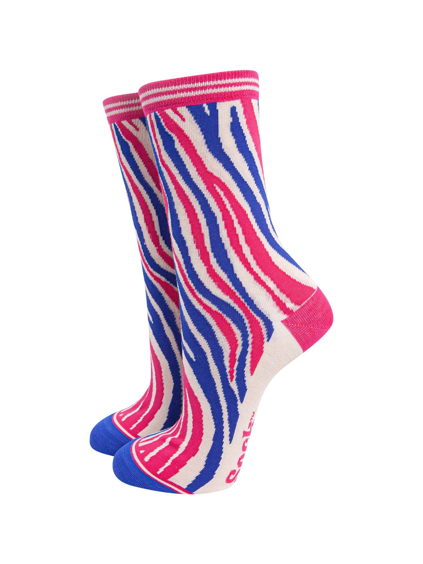 bamboo ankle socks with an all over pink and blue zebra print pattern