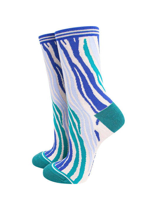 bamboo ankle socks with an all over green and blue zebra print pattern