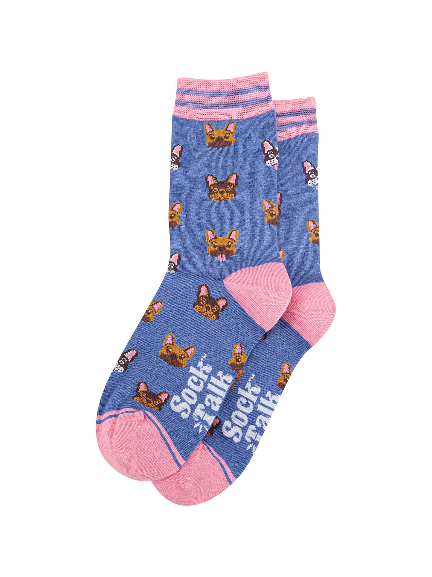 blue and pink bamboo socks with an all over french bulldog pattern and a pink and blue striped cuff