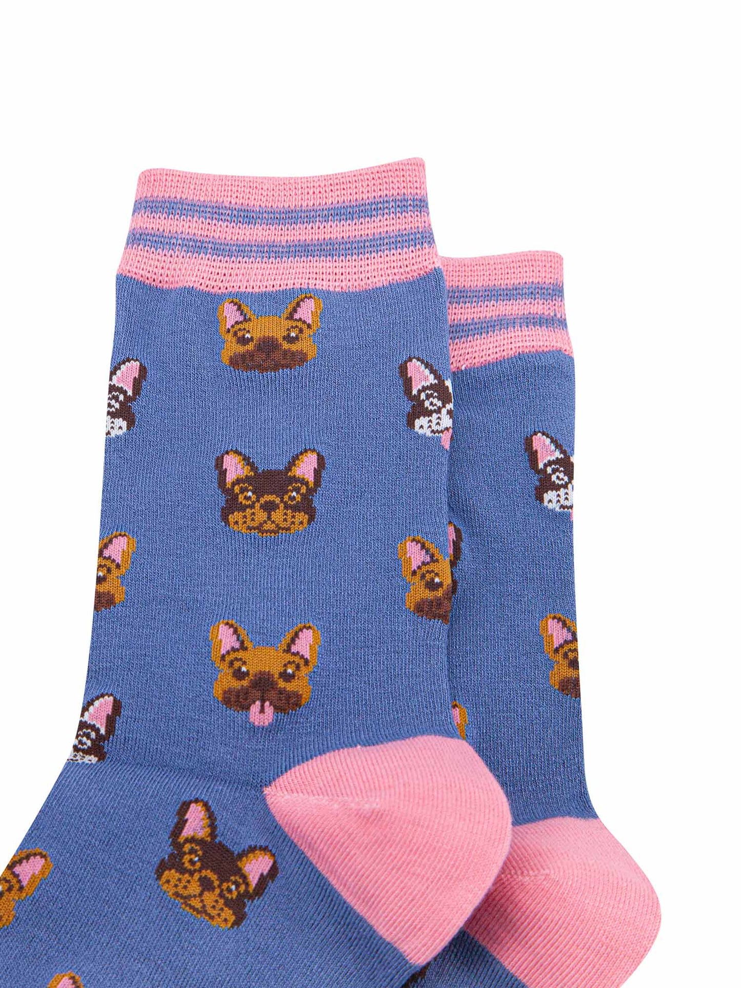 close up pf the french bulldog pattern on the ankle socks