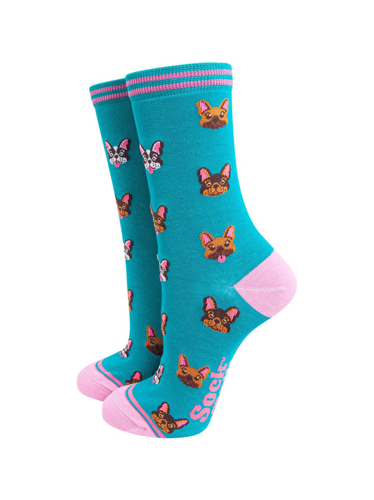 womens-bamboo-socks-teal-frenchie-bulldogs-blue-dog-faces-pets