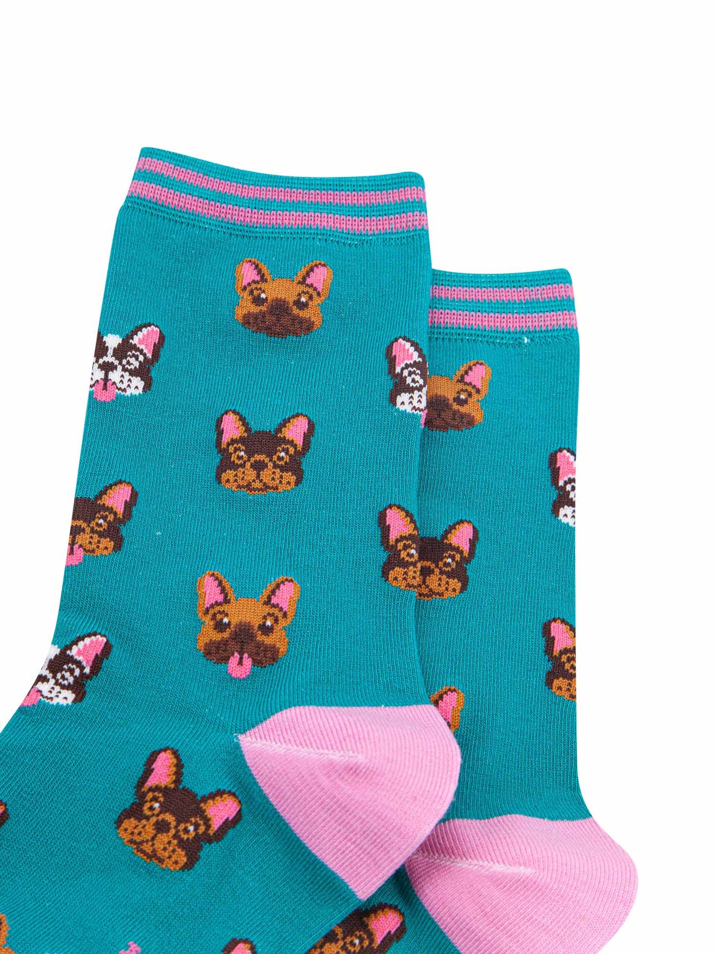 womens-bamboo-socks-teal-frenchie-bulldogs-close-up-pattern-dog-faces-brown-black-white