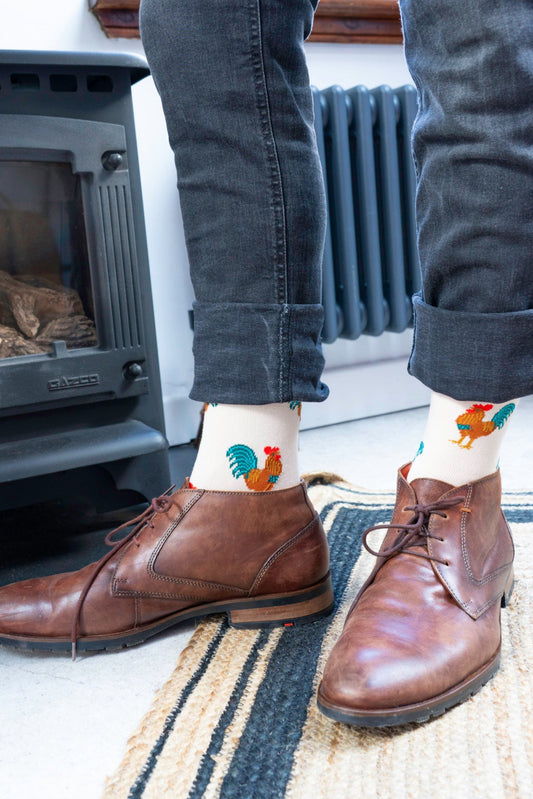 Men's Bamboo Socks - Cream/Green, Rooster