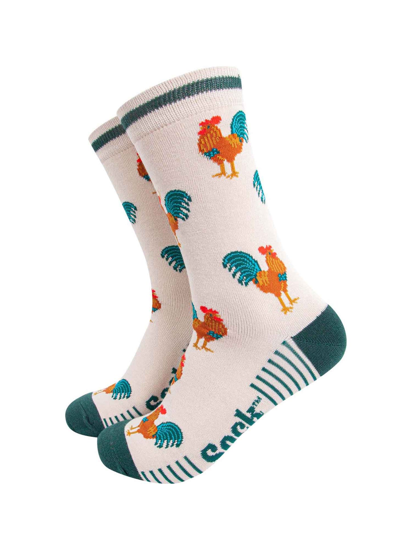 mens-bamboo-socks-cream-green-rooster-cockerel-chickens