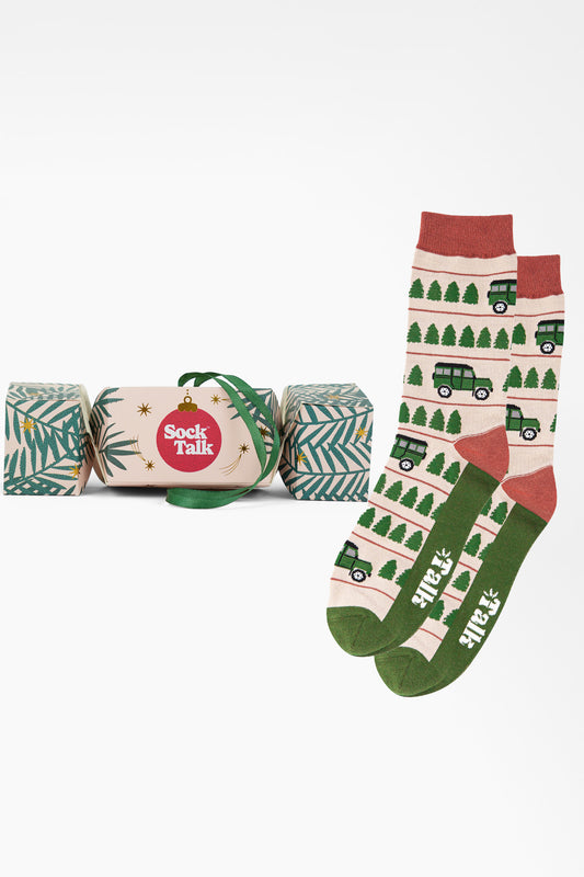 Men's Bamboo Crew Socks Christmas Cracker Gift Box - Cream/Green, Off-Roader