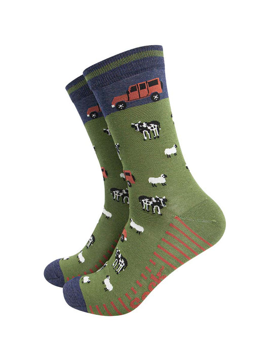 mens-bamboo-socks-navy-green-off-roader-farm-vehicles-cows-sheep
