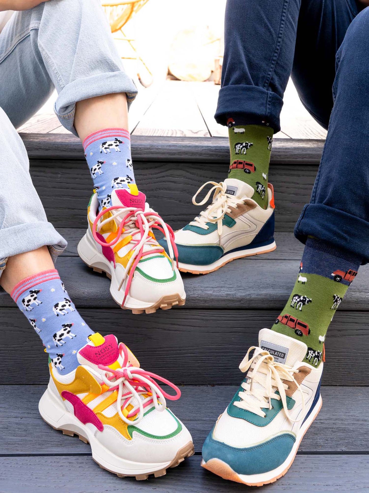 jersey-cow-print-bamboo-socks-in-lilac-cow-and-tractor-print-bamboo-socks-in-green