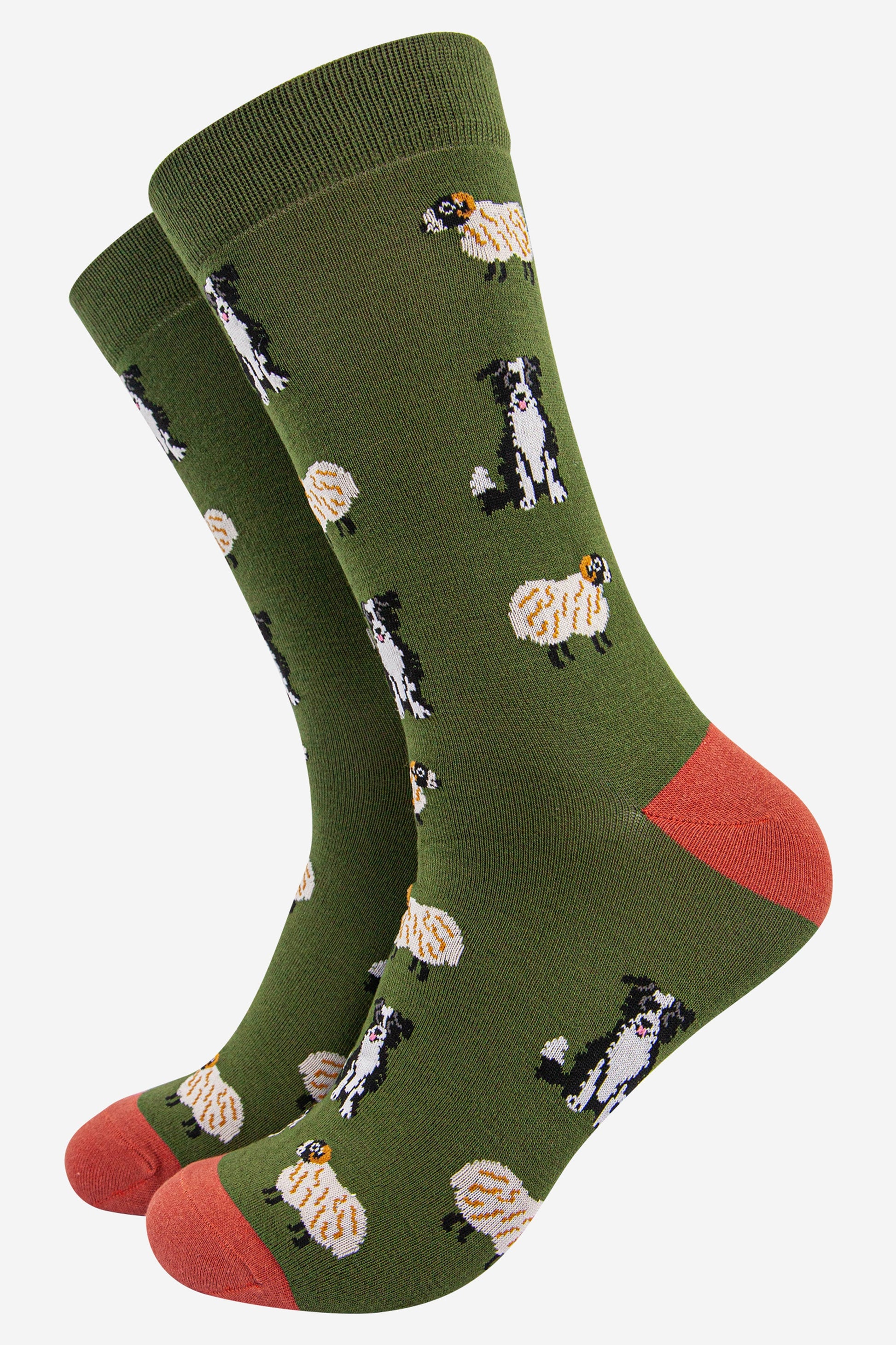 green bamboo socks with an all over pattern of sheep and border collie dogs