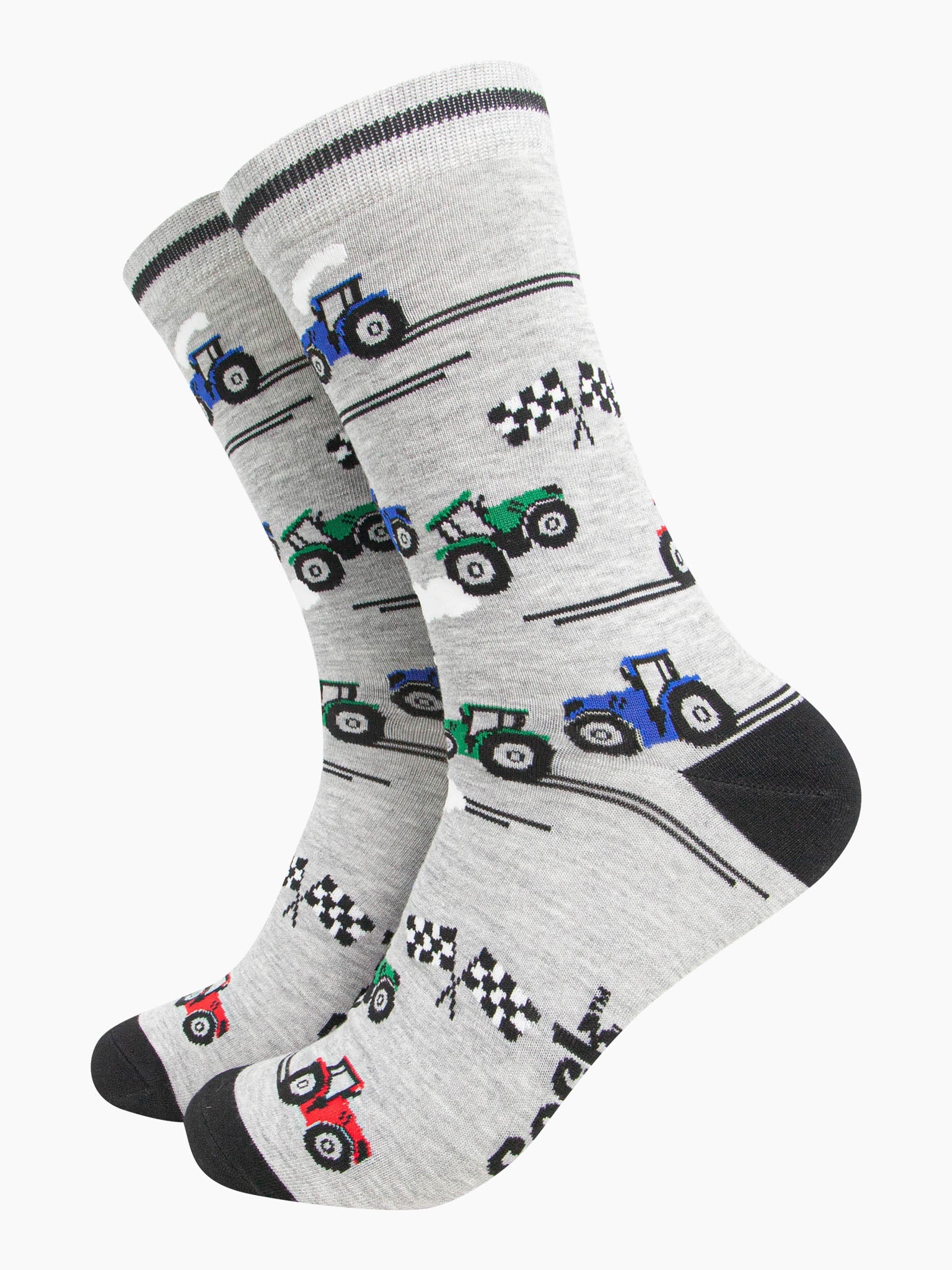 mens-bamboo-socks-grey-tractor-racing-checkered-flag-race-farm-vehicles