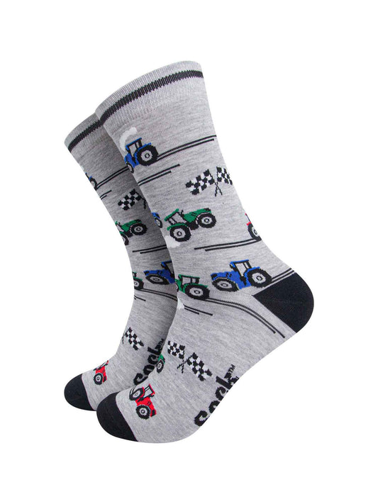 mens-bamboo-socks-grey-tractor-racing-checkered-flag-race-farm-vehicles
