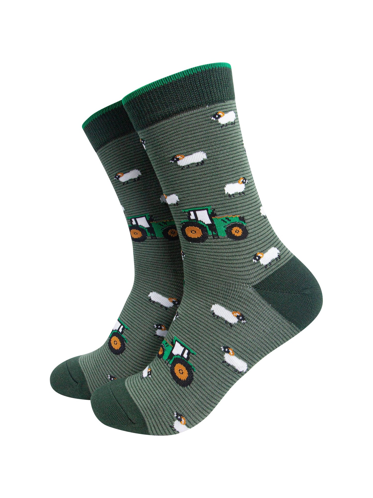 Sheep-&-Tractor-Men's-Bamboo-Socks-in-Green-On-Mannequin