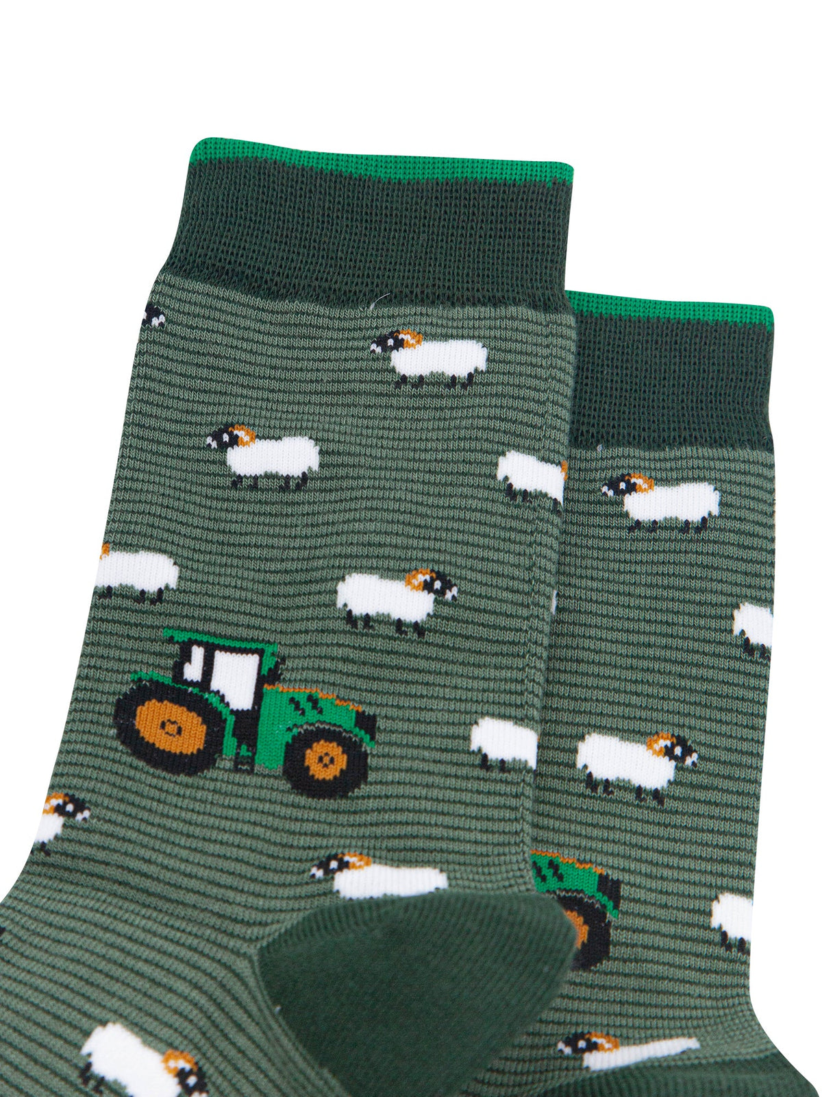 Sheep-&-Tractor-Men's-Bamboo-Socks-in-Green-Close-Up