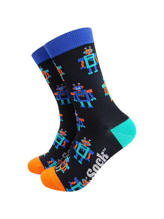 black socks with an all over pattern featuring blue and orange vintage robots with a blue heel and orange toe