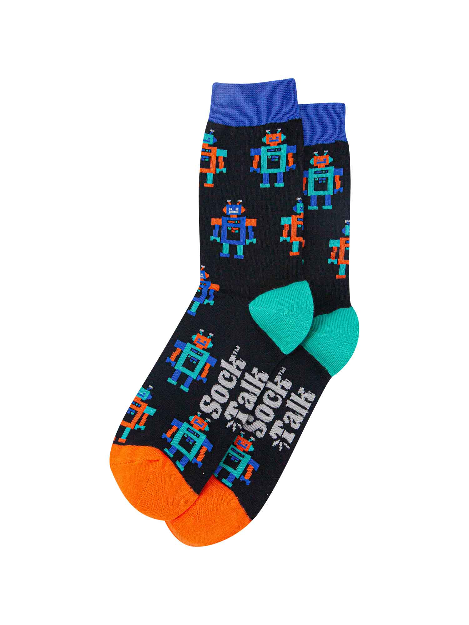 black vintage robot pattern novelty bamboo socks with an all over pattern of blue and orange cartoon robots
