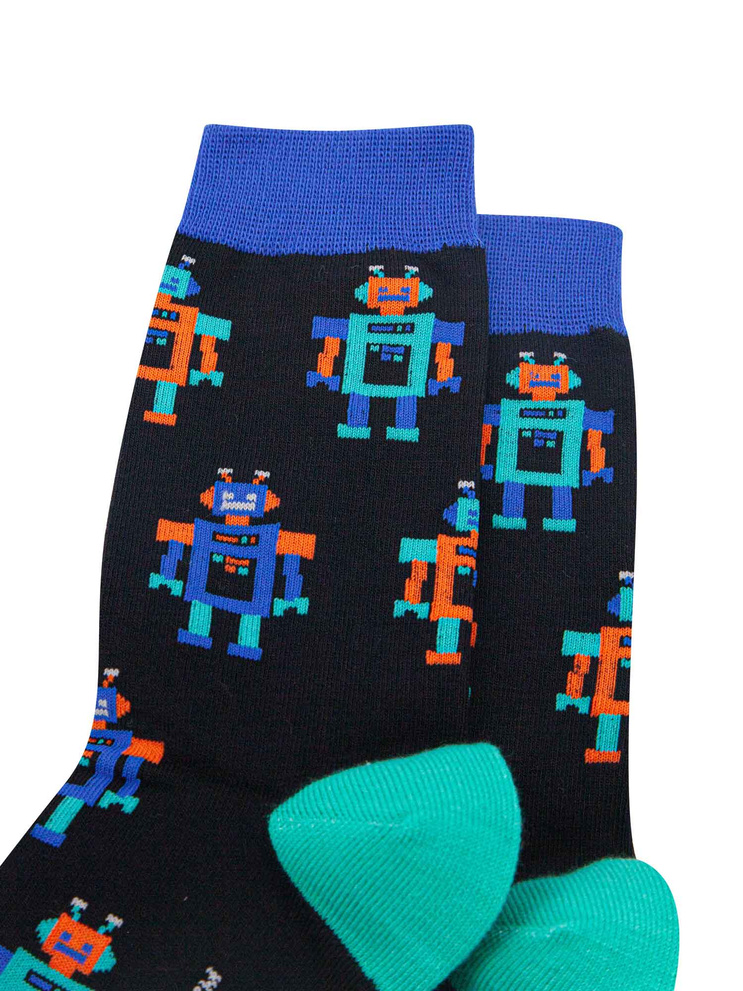 close up of the retro robot pattern on the ankle socks