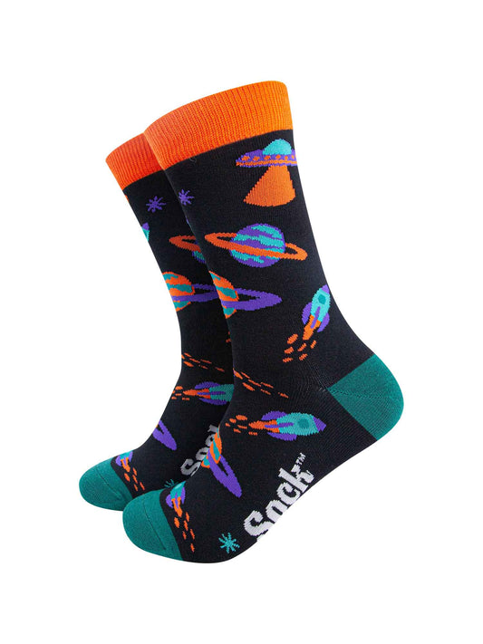 black bamboo socks with green heel and toe with an all over pattern of colourful planets, ufos and stars