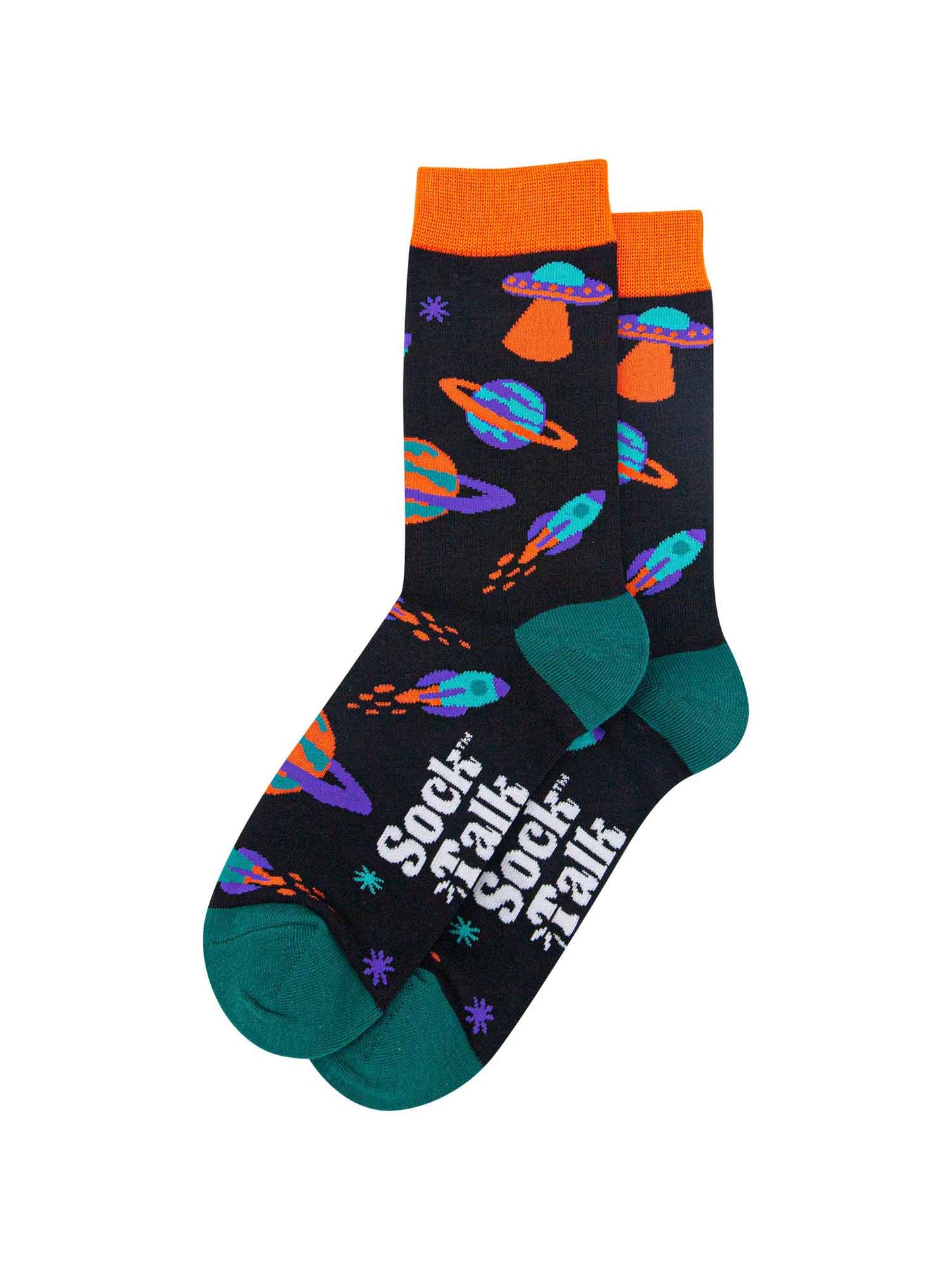 black novelty socks featuring a space themed pattern with planets, rockets and stars