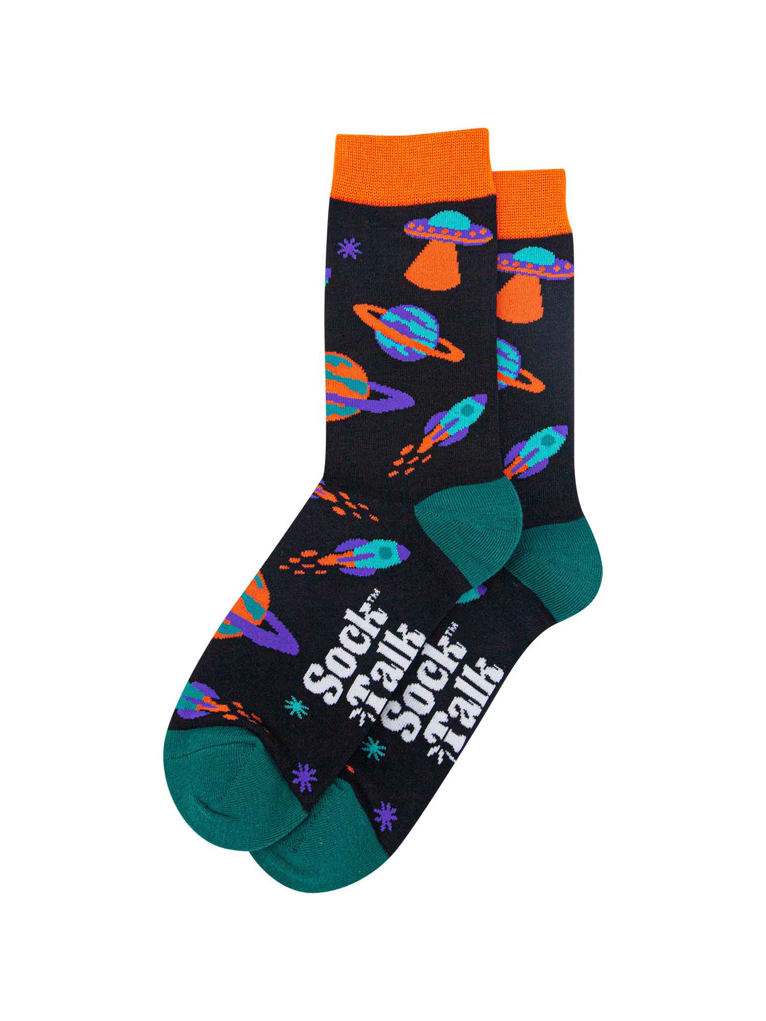 black novelty socks featuring a space themed pattern with planets, rockets and stars
