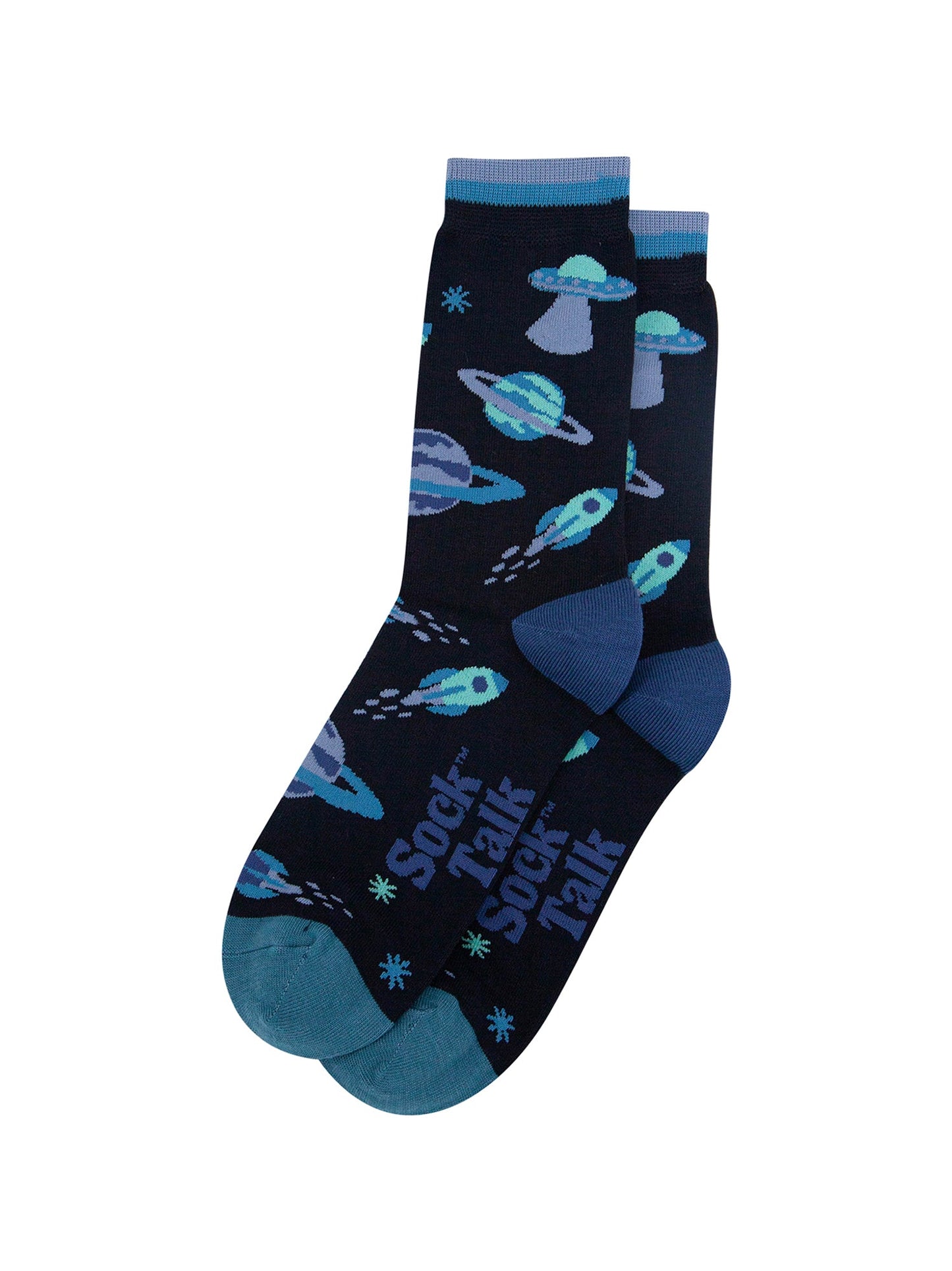 Space-Invasion-Bamboo-Socks-in-Navy-Blue-Lying-Flat