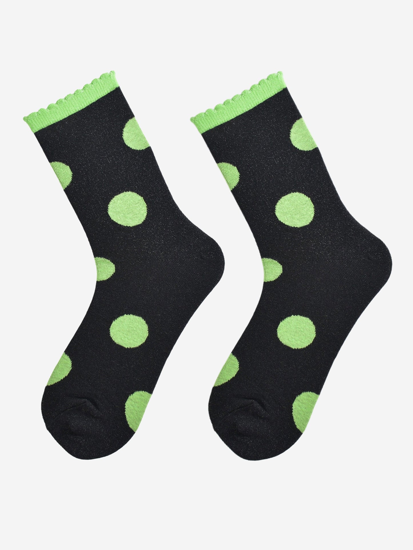 black and lime green large polka dot pattern glitter socks laying flat, showing the all over glitter sparkle