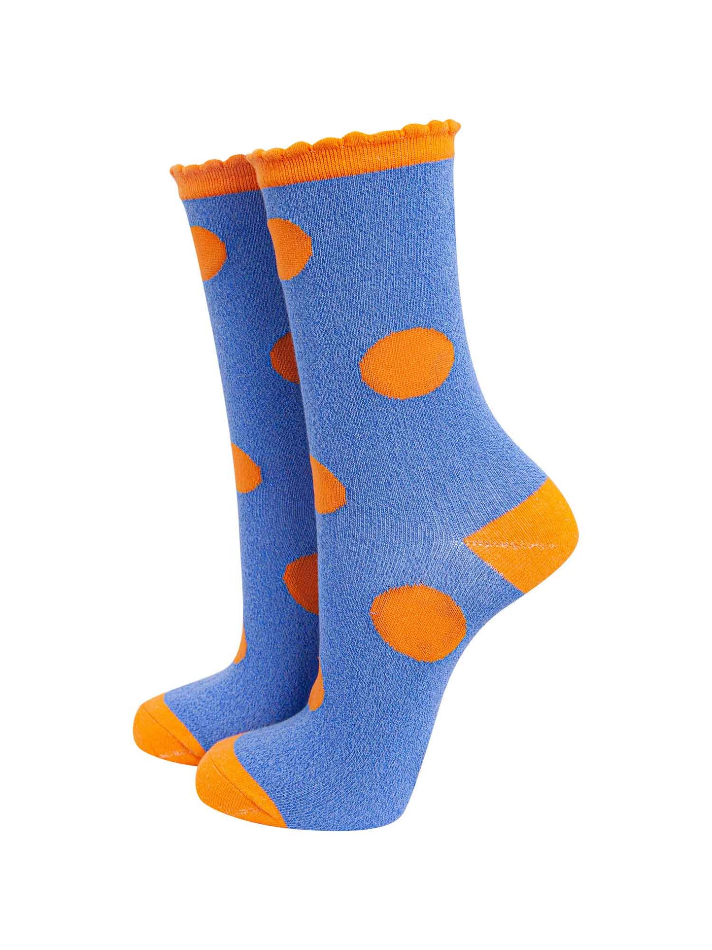 blue and orange polka dot sparkly glitter socks with a scalloped edge and all over shimmer