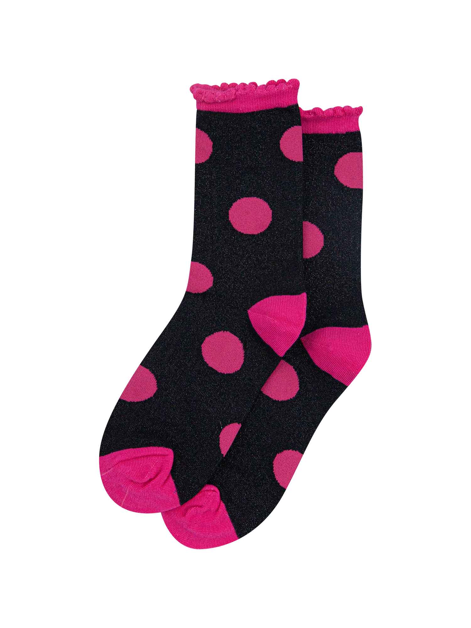 black and pink polka dot glitter ankle socks with pink scalloped cuffs