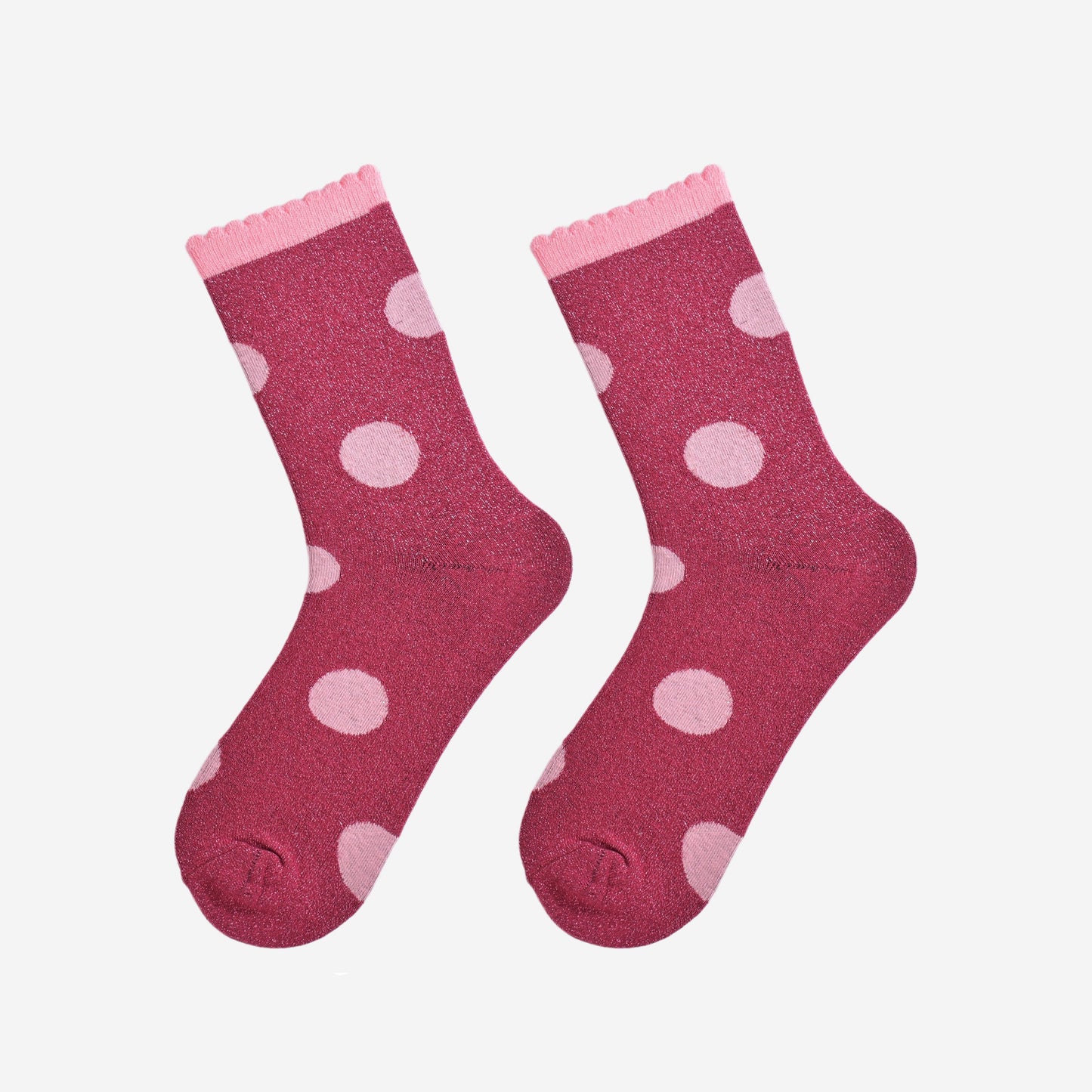 berry and pink large polka dot pattern glitter socks laying flat, showing the all over glitter sparkle