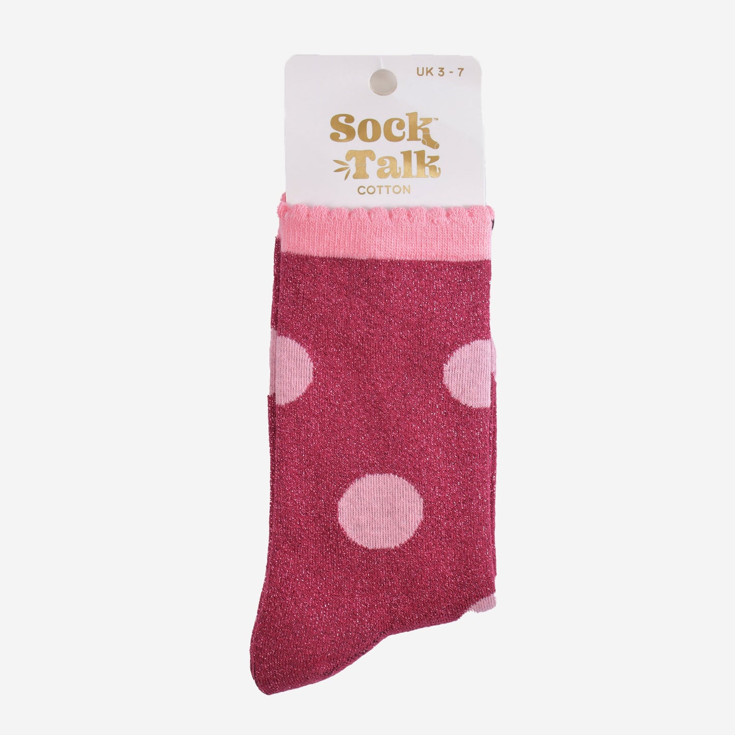 berry and pink polka dot glitter socks in their sock talk packaging, these socks are a uk size 3-7