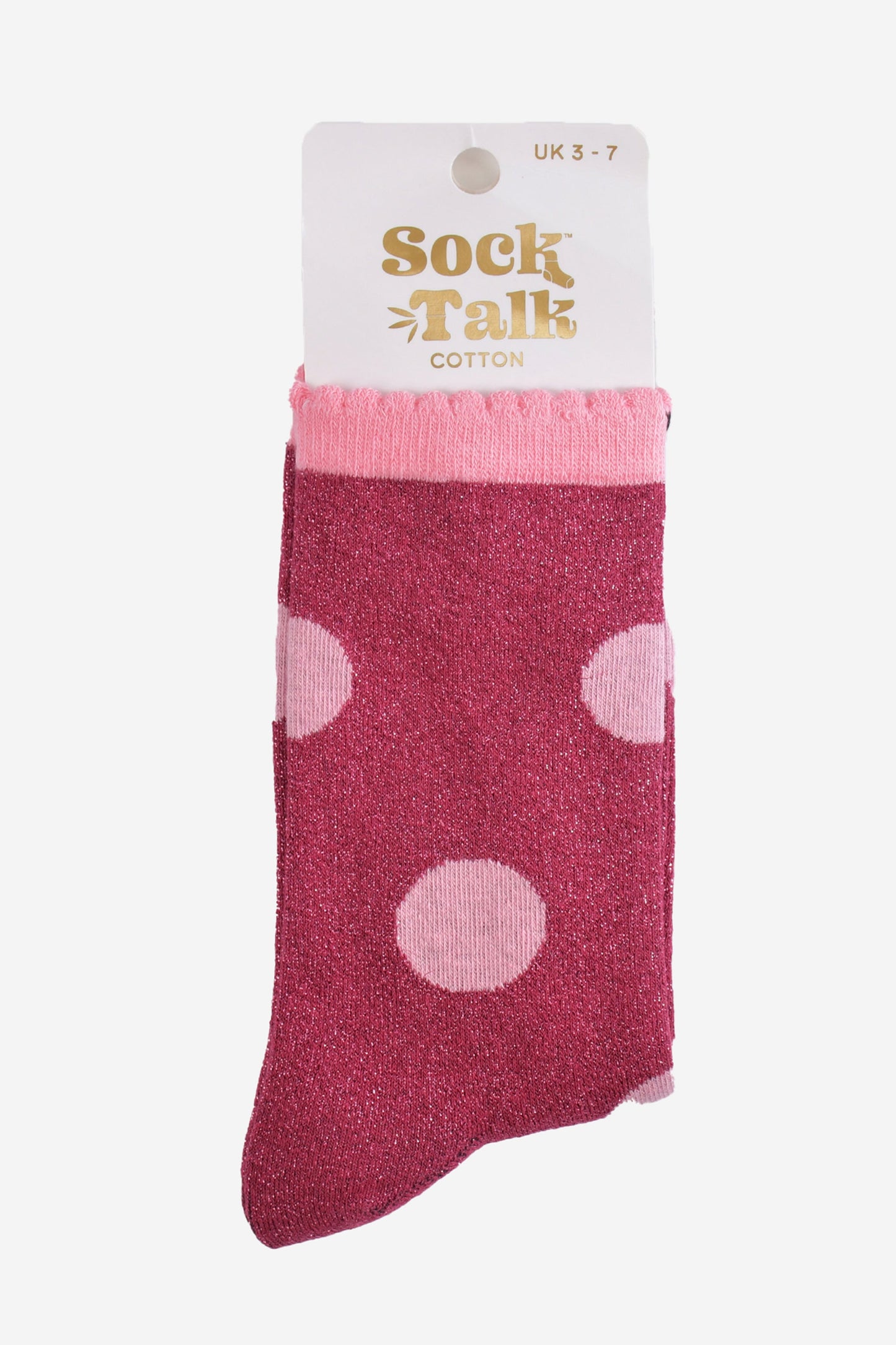 berry and pink polka dot glitter socks in their sock talk packaging, these socks are a uk size 3-7