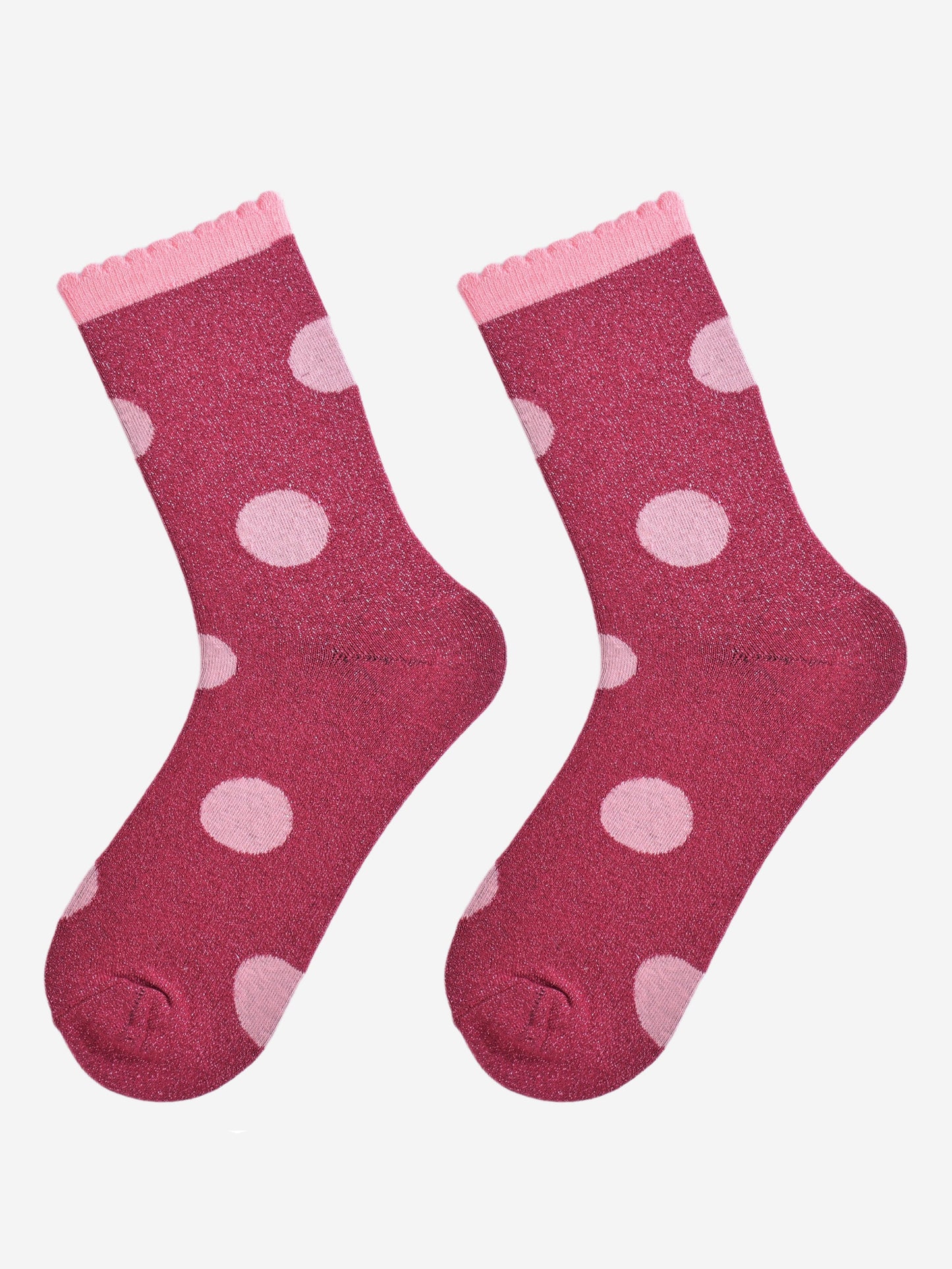 berry and pink large polka dot pattern glitter socks laying flat, showing the all over glitter sparkle