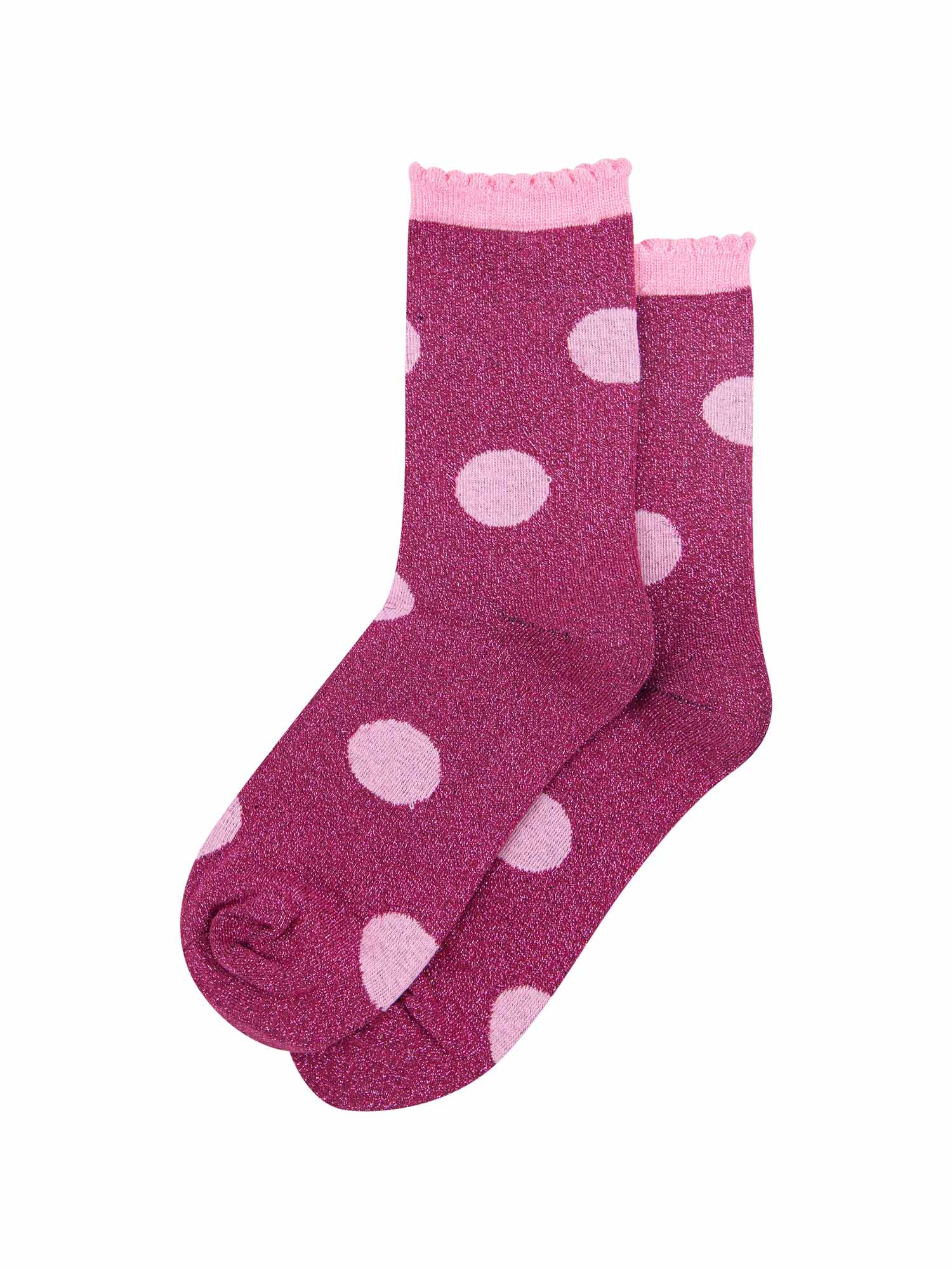 berry and pink large polka dot pattern glitter socks laying flat, showing the all over glitter sparkle
