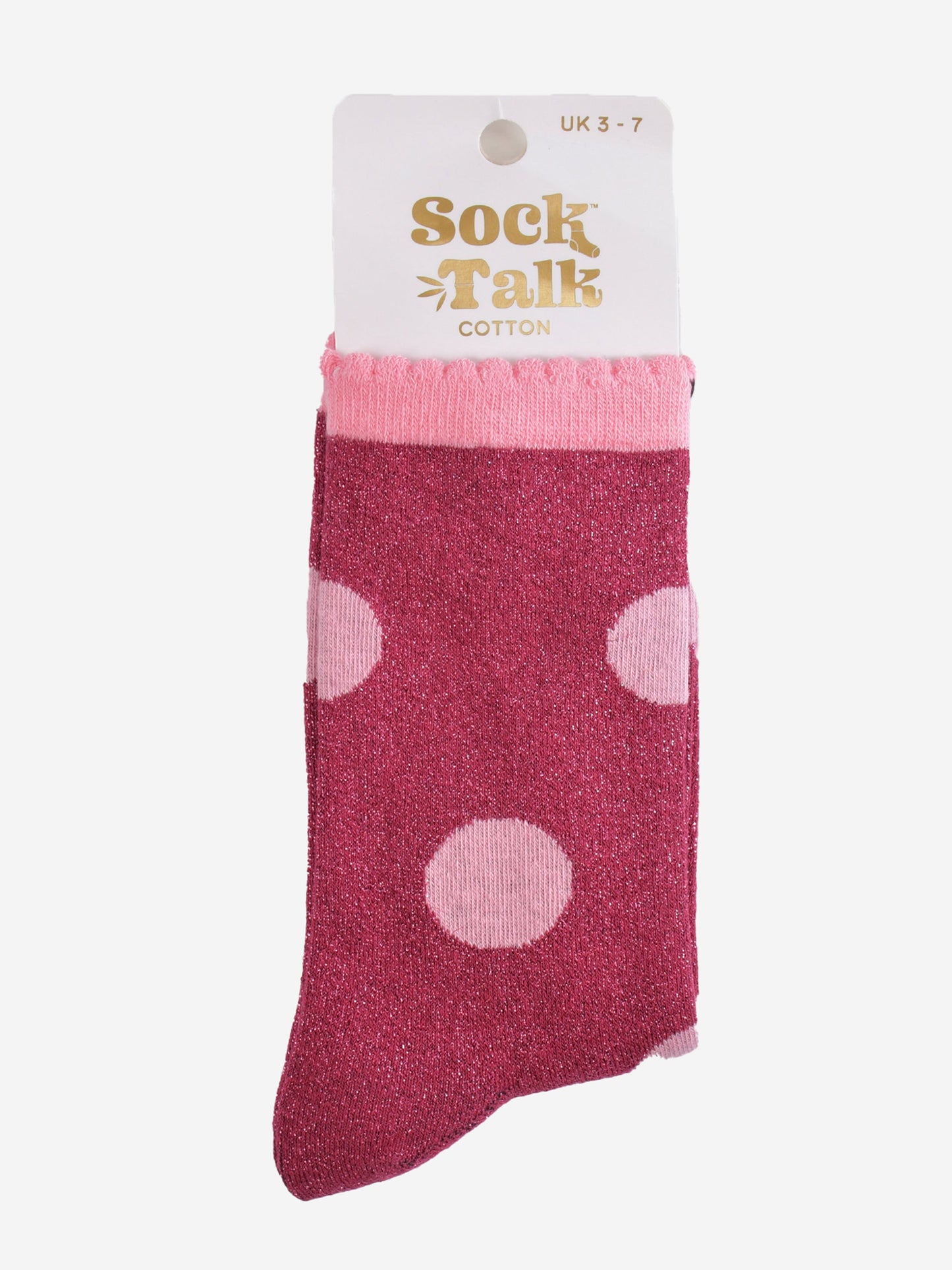 berry and pink polka dot glitter socks in their sock talk packaging, these socks are a uk size 3-7