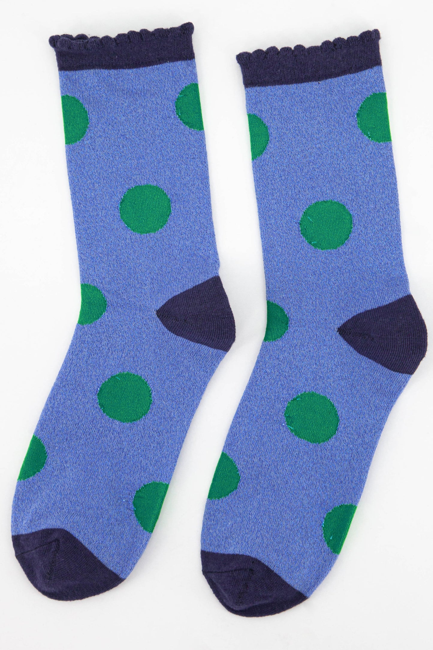 blue and green sparkly ankle socks with a large polka dot pattern