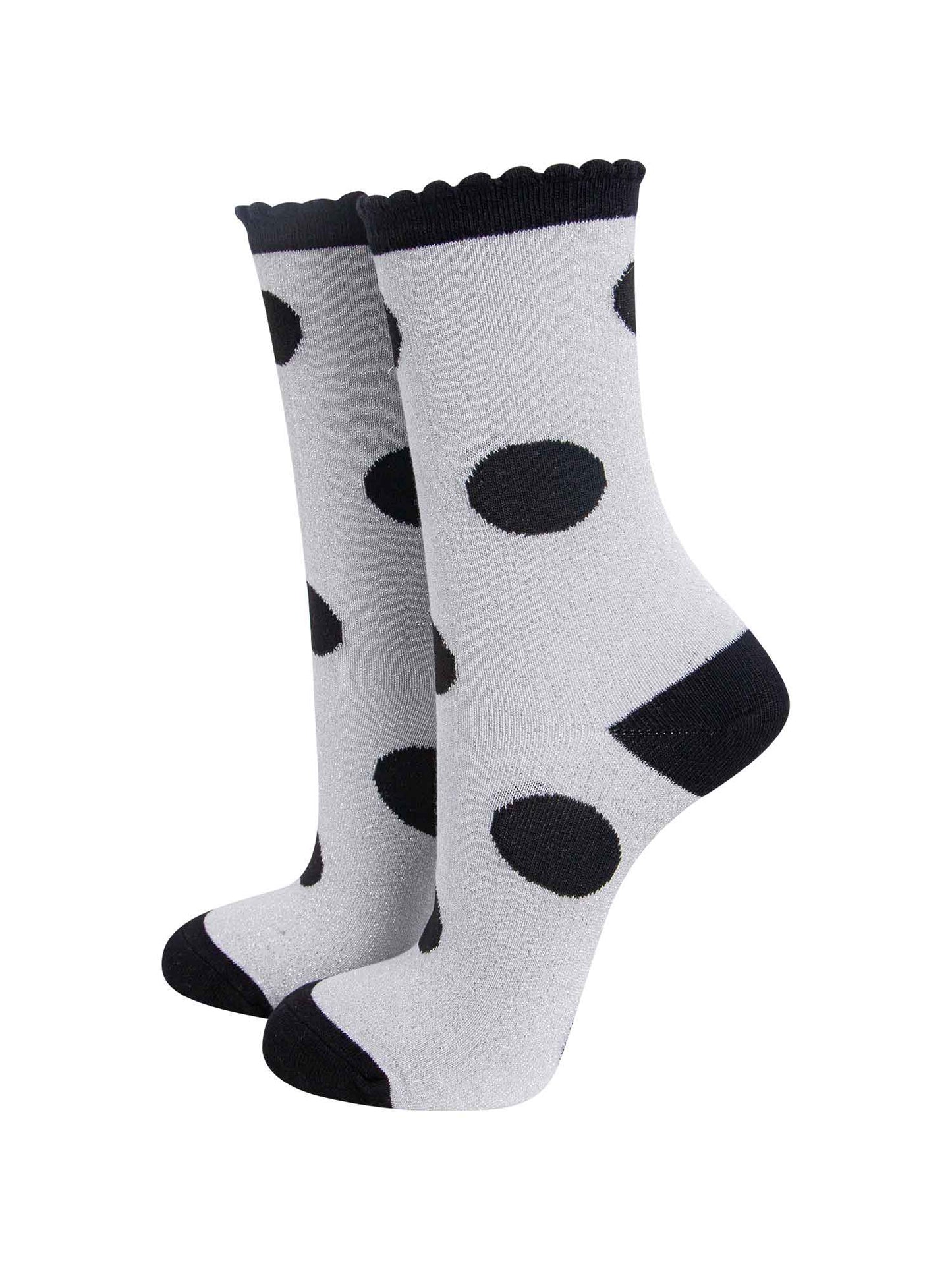 light grey and black polka dot glitter ankle socks with a black scalloped top and an all over glitter sparkle