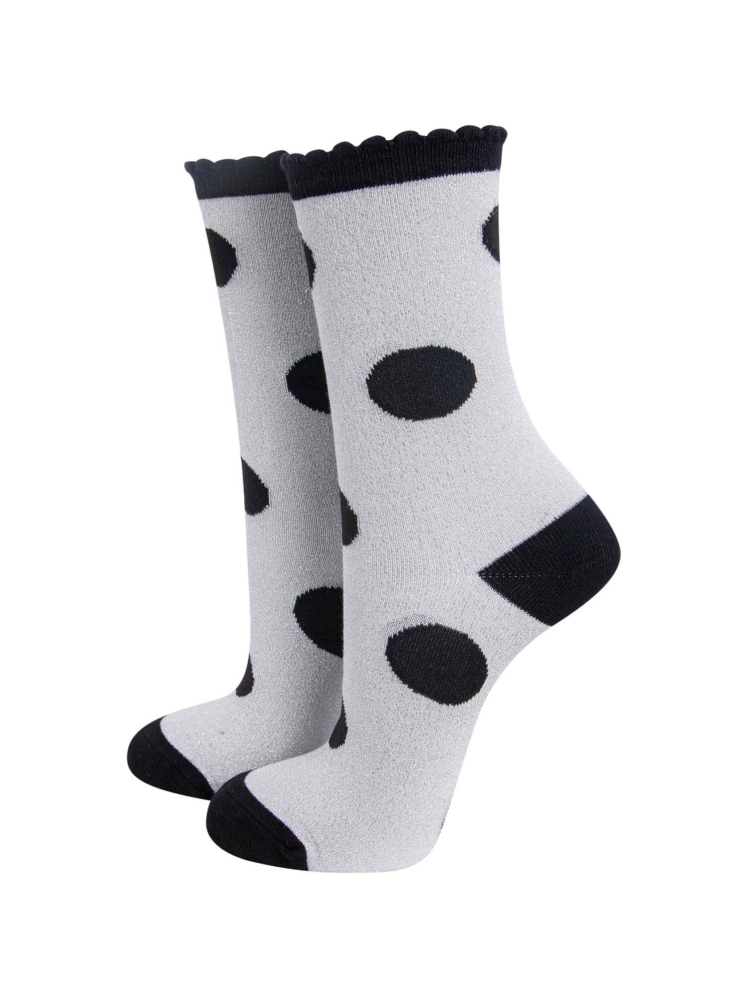 light grey and black polka dot glitter ankle socks with a black scalloped top and an all over glitter sparkle