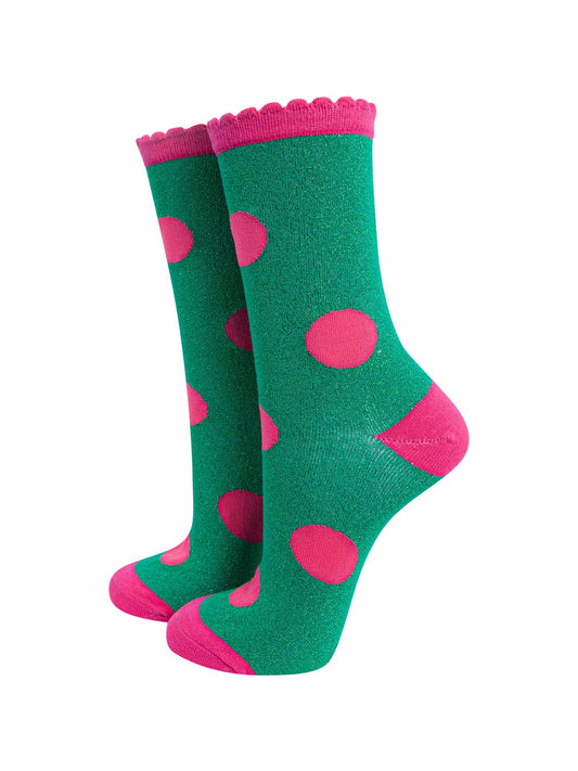 green and pink polka dot glitter socks with pink scalloped top and an all over glitter sparkle