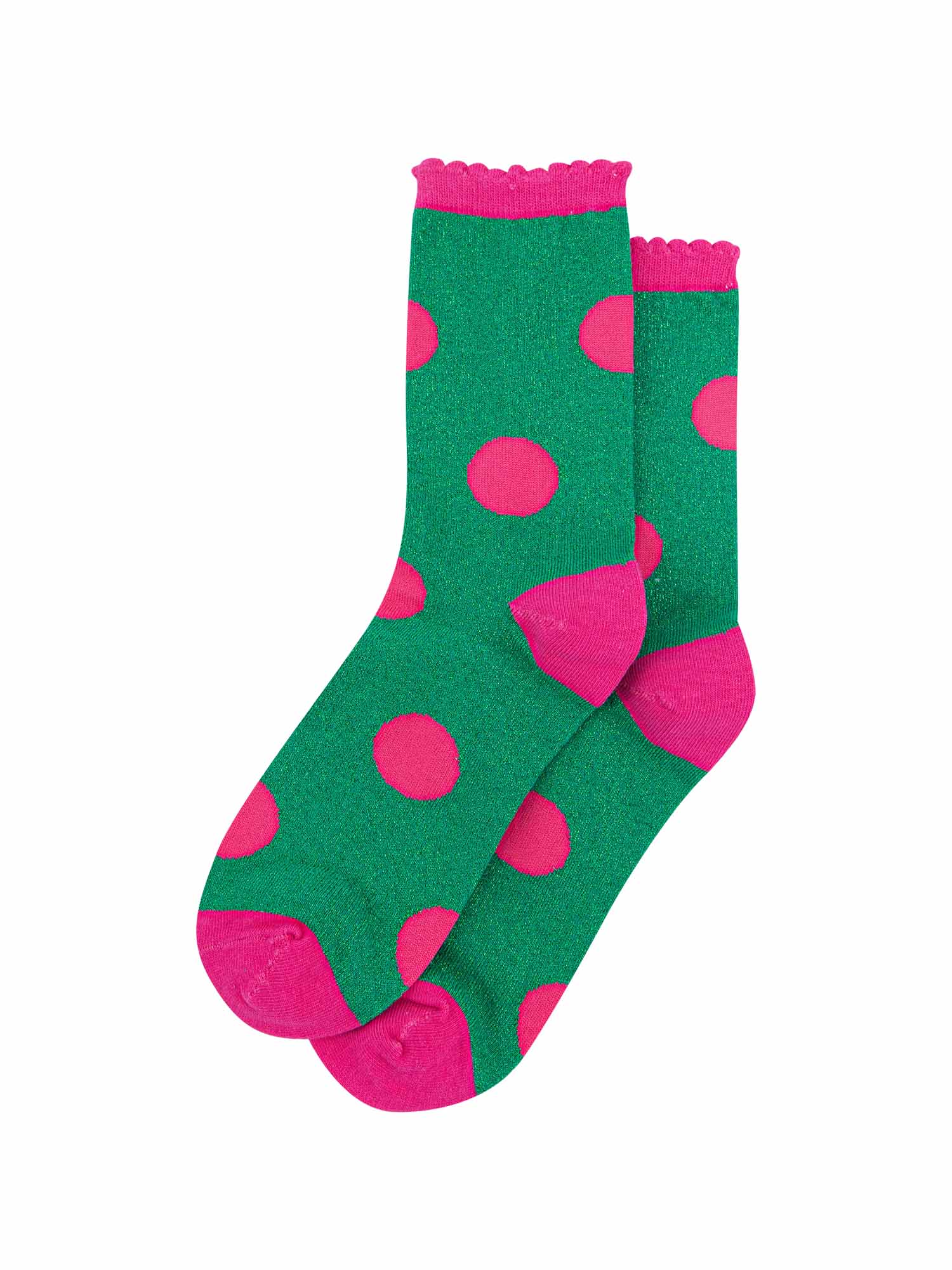 green and pink glitter ankle socks with a large scattered polka dot spot pattern