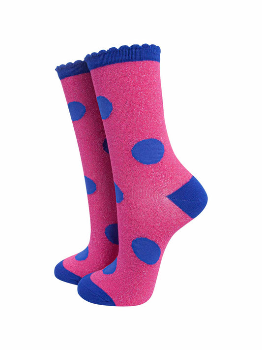 pink and blue polka dot pattern glitter ankle socks with a scalloped edge