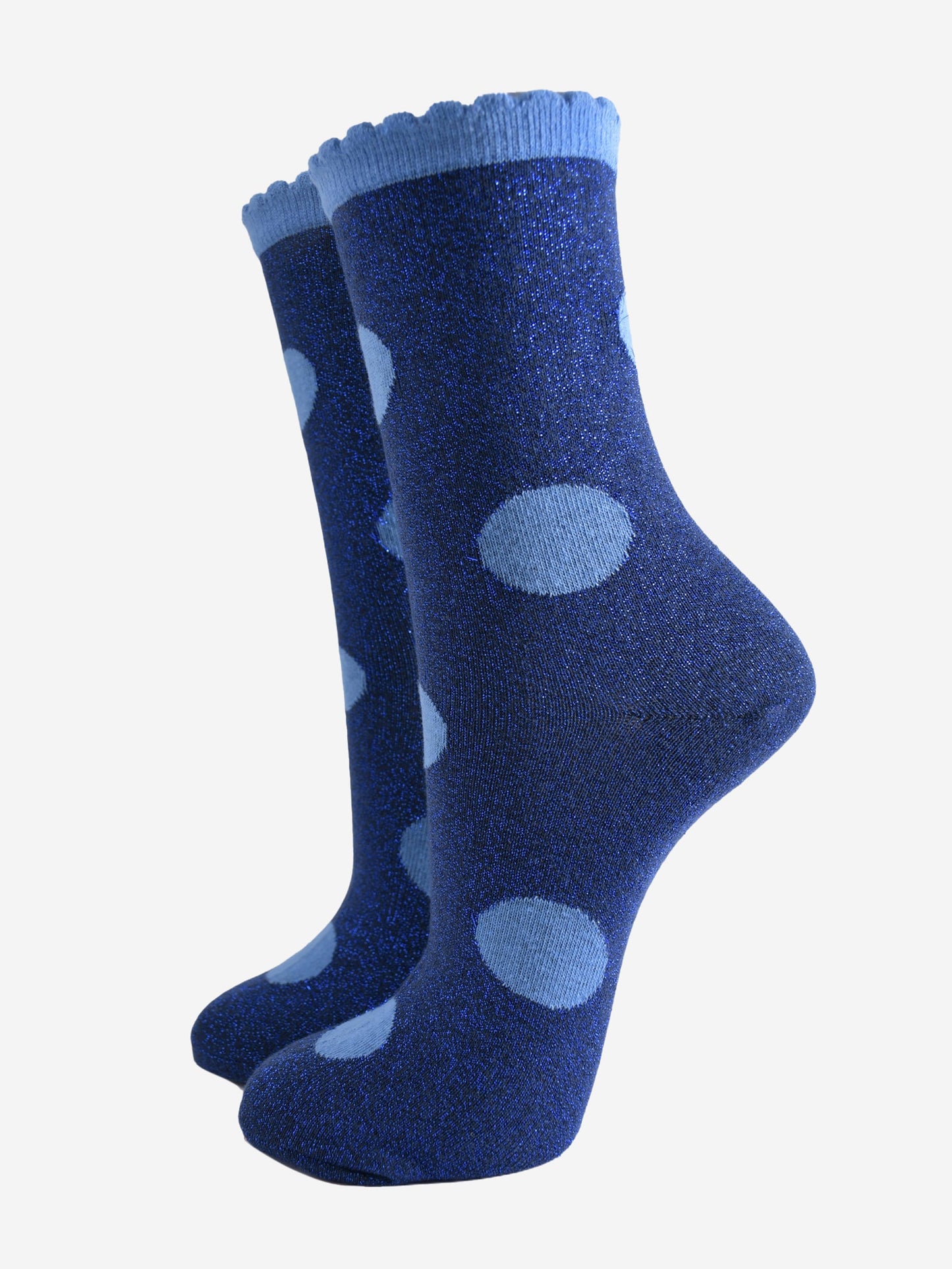 Women's Glitter Socks - Navy Blue/Light Blue, Large Polka Dot