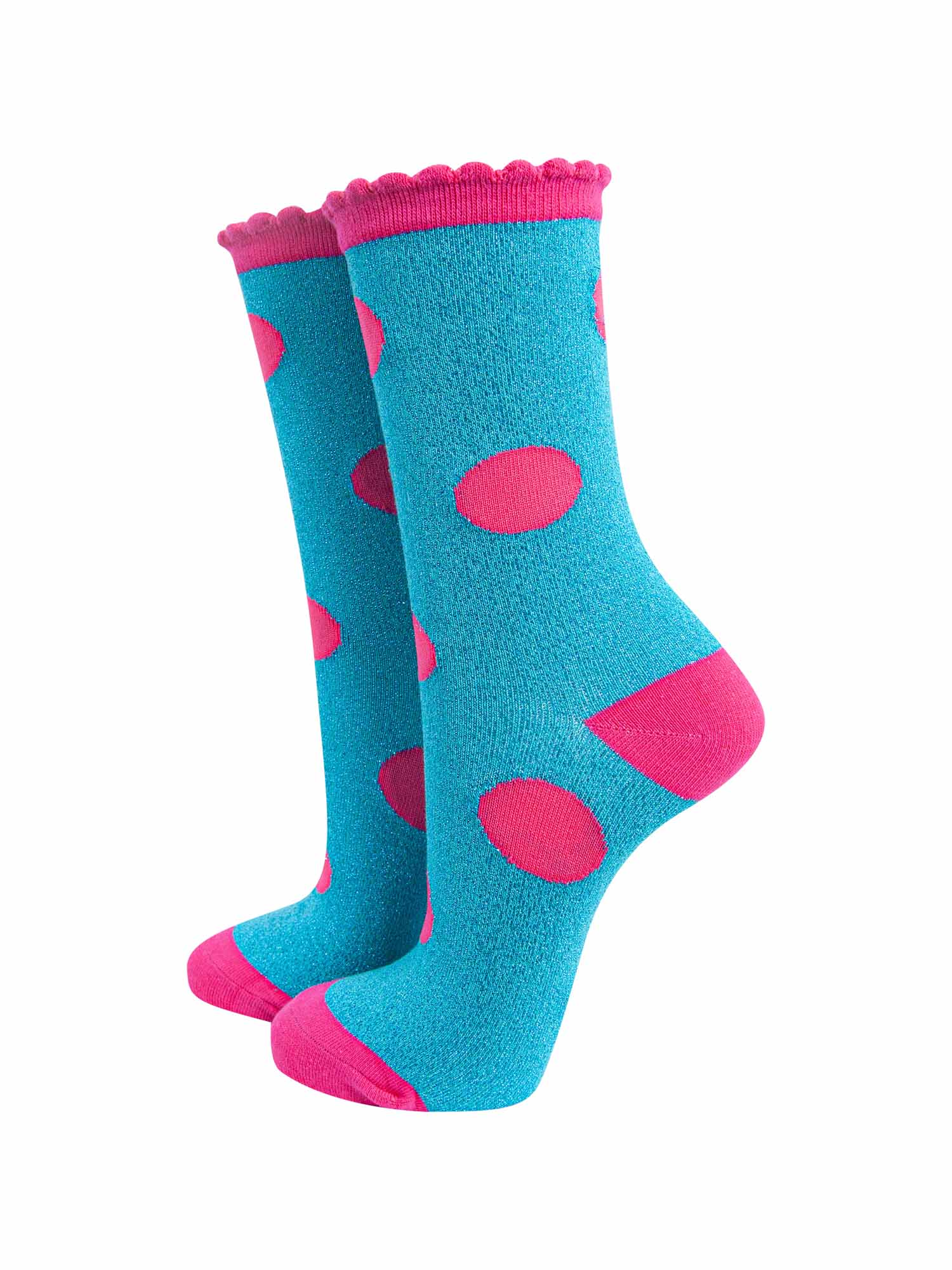 turquoise and pink polka dot ankle socks with an all over glitter sparkle