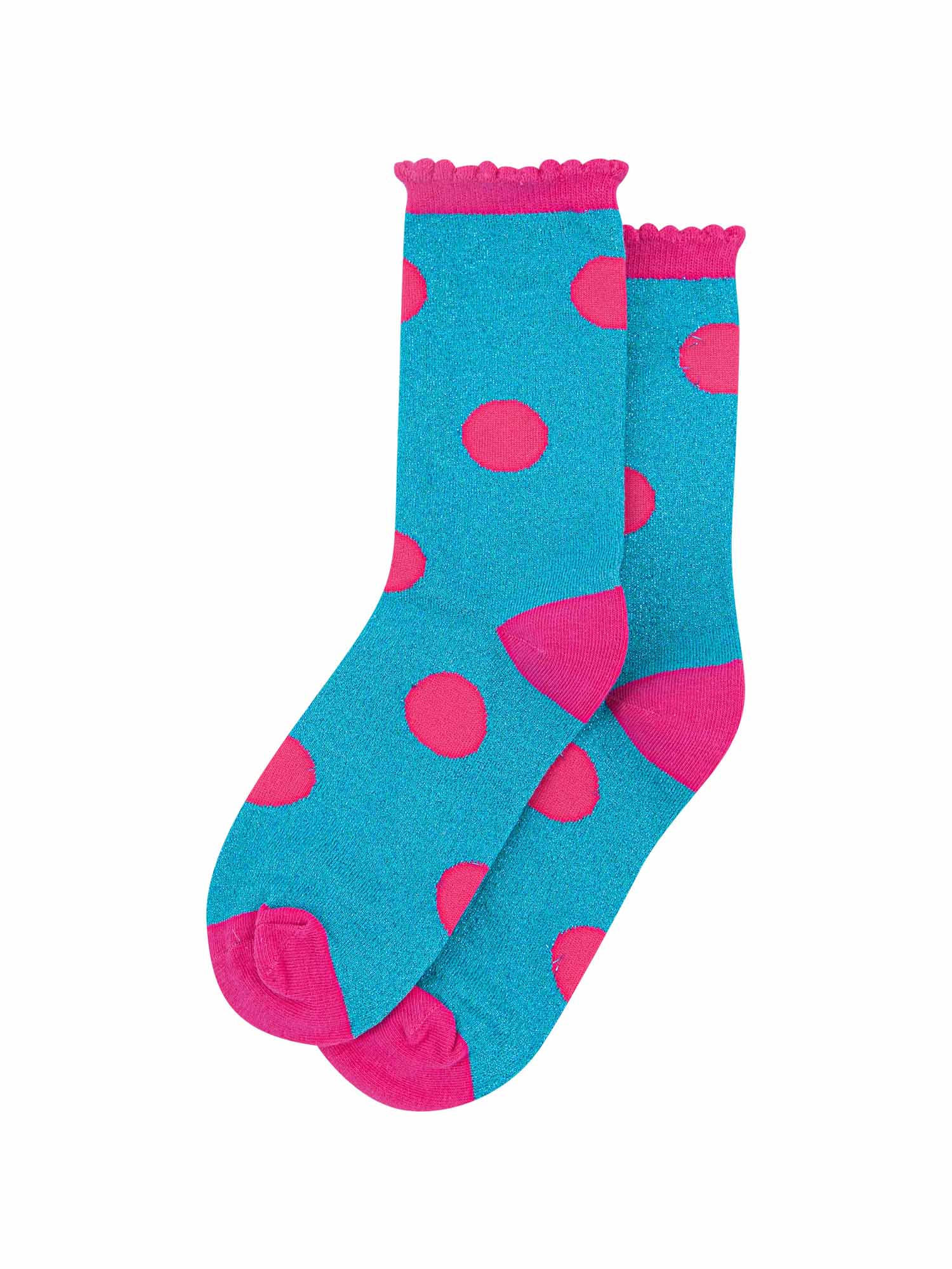 turquoise and pink glitter socks with a large spot print pattern