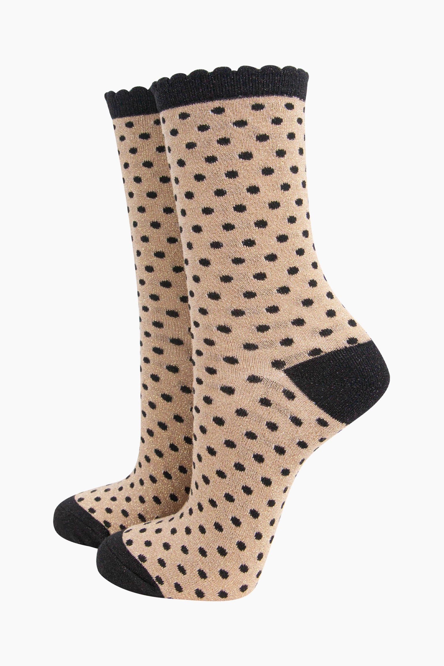 womens-glitter-socks-gold-black-polka-dots-sparkly-frilly-scalloped-cuffs