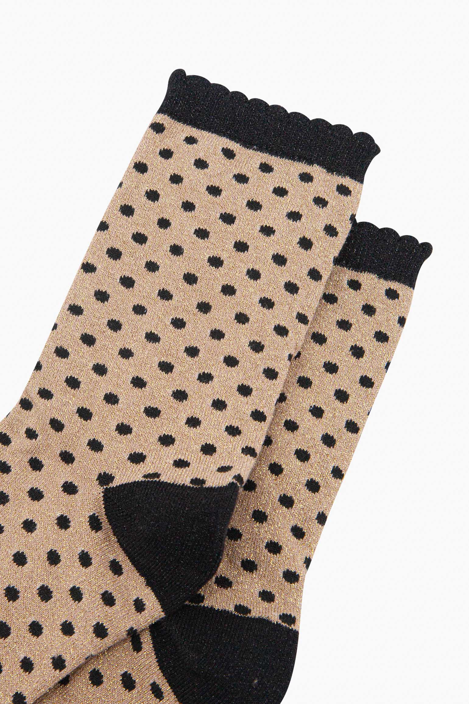 womens-glitter-socks-gold-black-polka-dots-close-up-sparkly-material-scalloped-cuffs