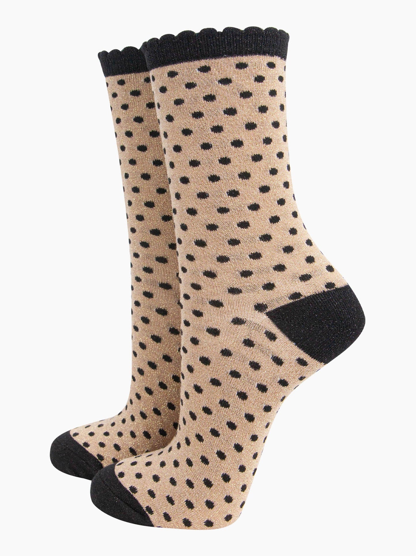 womens-glitter-socks-gold-black-polka-dots-sparkly-frilly-scalloped-cuffs