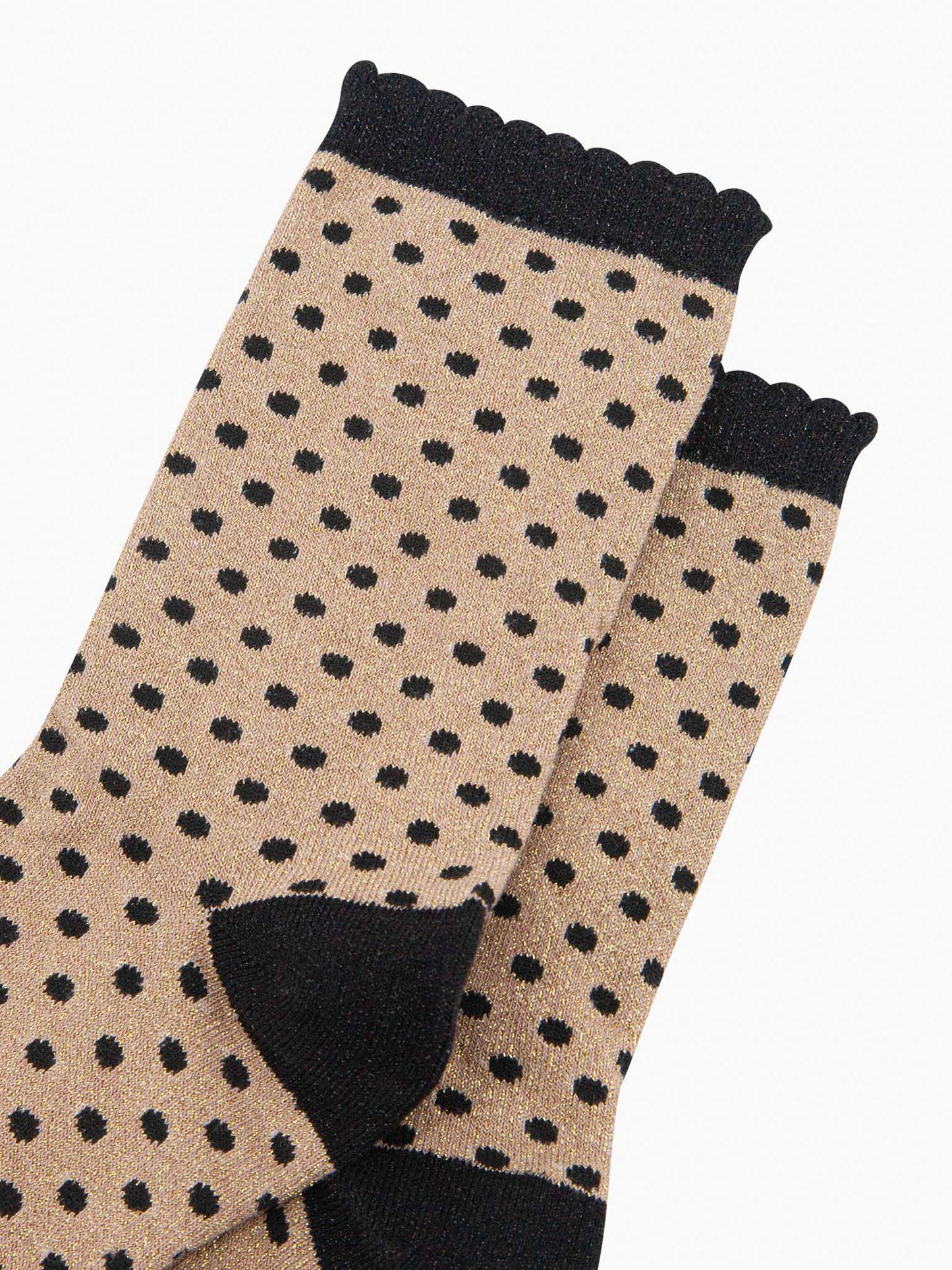 womens-glitter-socks-gold-black-polka-dots-close-up-sparkly-material-scalloped-cuffs